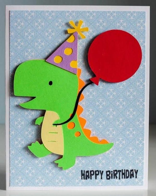 lustige Idee für Geburtstagskarten selber basteln - ein Dinosauerer mit Ballon 