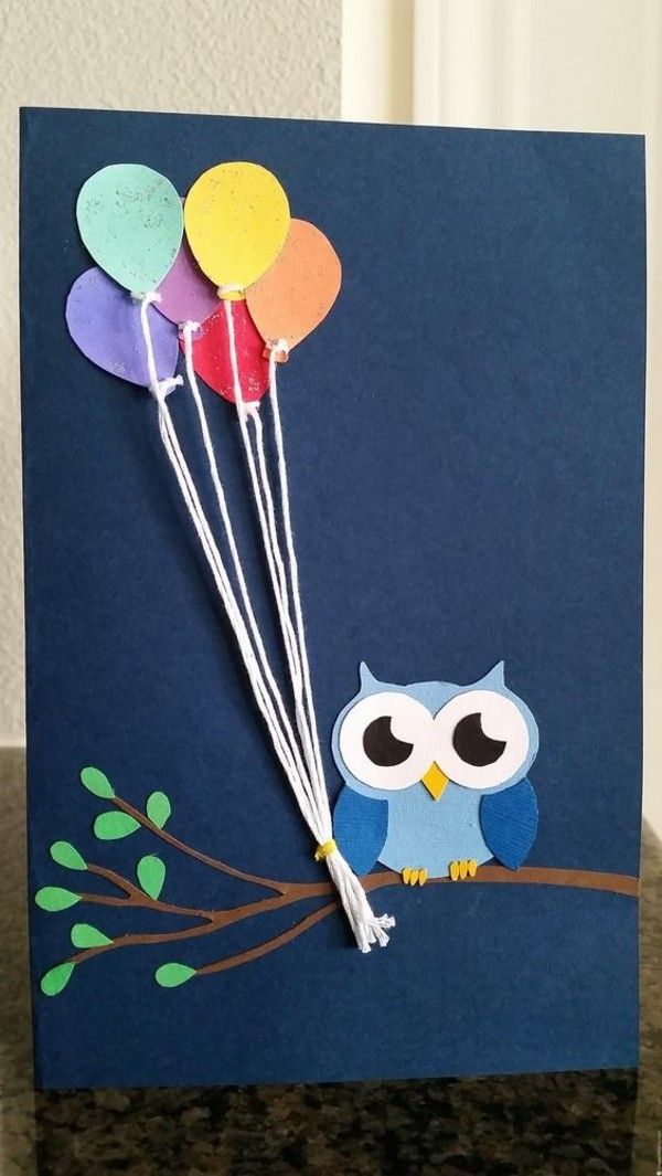 Geburtstagskarte selber basteln Eule Weisheit bunte Luftballons