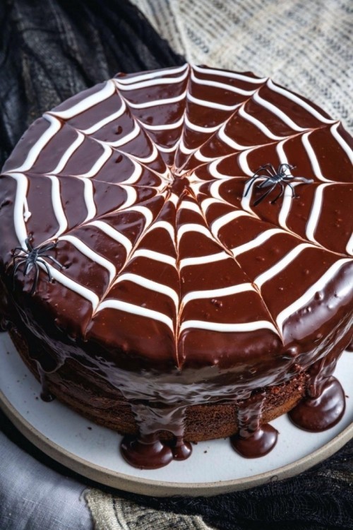 schöne stilvolle Halloween Kuchen Deko braun weiß wie Spinnengewebe