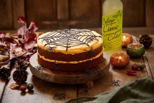 stilvolle Halloween Kuchen Deko mit Spinnengewebe braun gelb Spinnen Kerzen