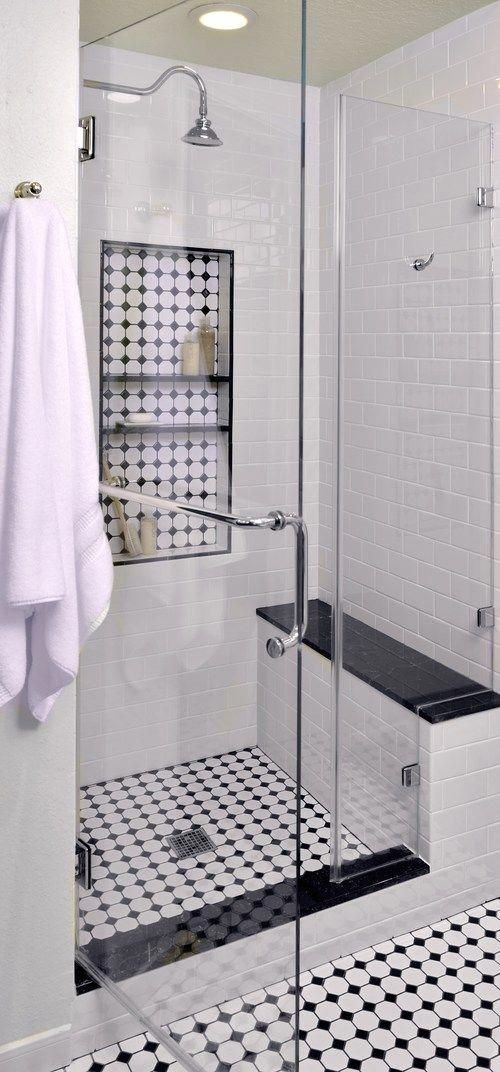 Badezimmer im Vintage und Retrostil Duschecke Glastür Gestaltung in schwarz weiß