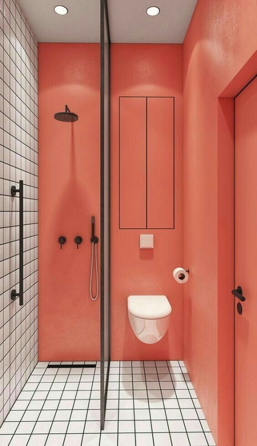 Badezimmer im Vintage und Retrostil WC Dusche getrennt Glaswand gesättigte Wandfarbe Lachs weiße Fliesen