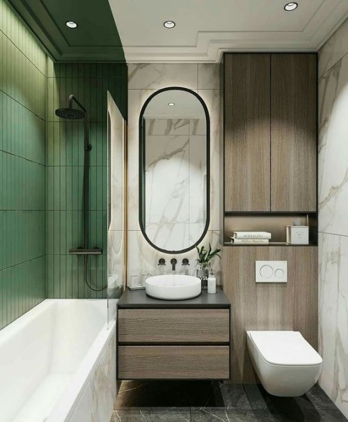 Badezimmer im Vintage und Retrostil eingebaute Badewanne moderne Gestaltung in Holzoptik