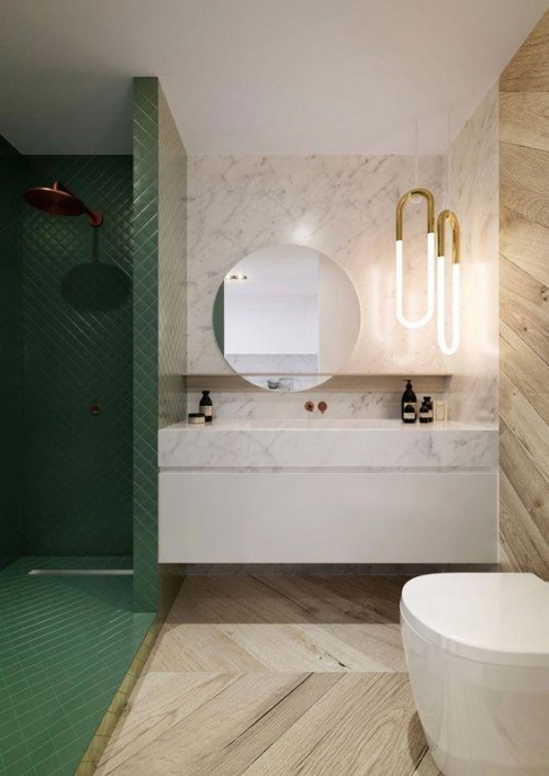 Badezimmer im Vintage und Retrostil grüne Fliesen Duschecke moderne Raumgestaltung