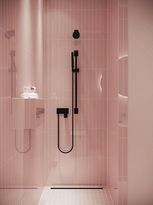 Badezimmer im Vintage und Retrostil moderne Gestaltung in Hellrosa Glaswand Dusche