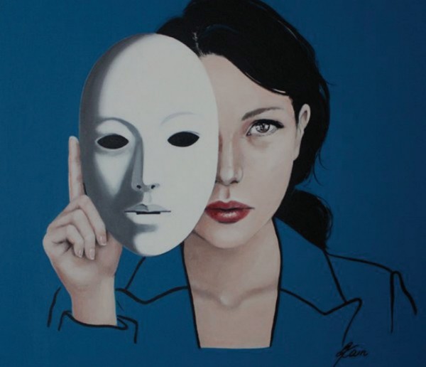 Zeitgenössische Kunstwerke online kaufen modernes Frauenporträt junge Frau mit Maske