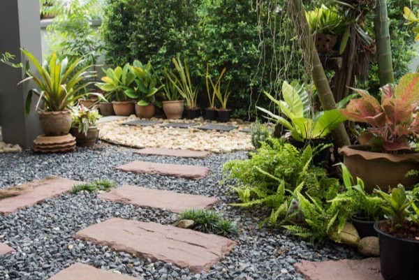 Garten mit Ziersplitt große Trittplatten aus Stein üppige grüne Pflanzen