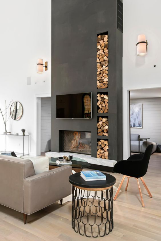 Moderne Einrichtungsideen Wohnzimmer Brennholz aufbewahren in der Wand ideen