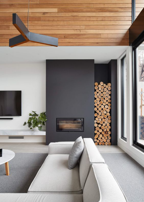 Moderne Einrichtungsideen Wohnzimmer Brennholz aufbewahren in der Wand