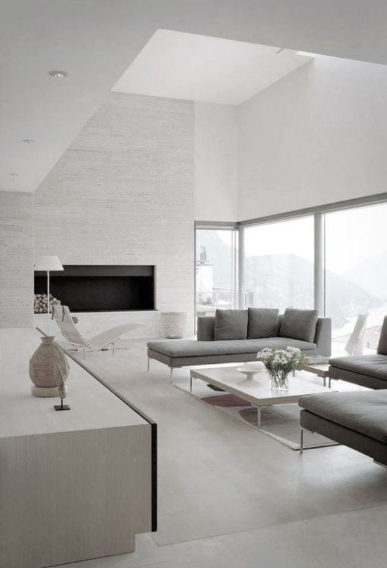 Moderne Einrichtungsideen minimalistisches Wohnzimmer grau viel Licht Luft