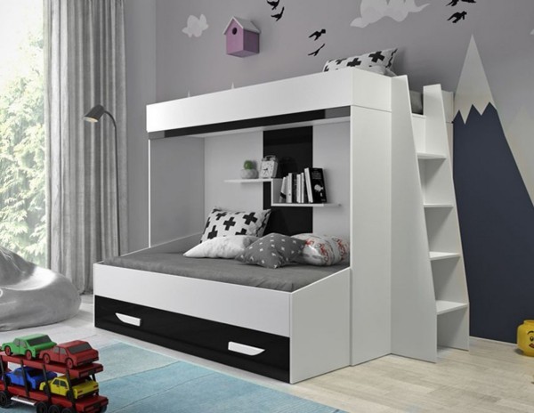 Hochbett mit Schrank modernes Möbeldesign im klassischen Farbduo schwarz weiß gute Schlaf und Staumöglichkeiten