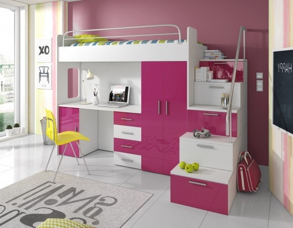 Hochbett mit Schrank schönes Design in Weiß und Violett für Mädchen in Schulalter