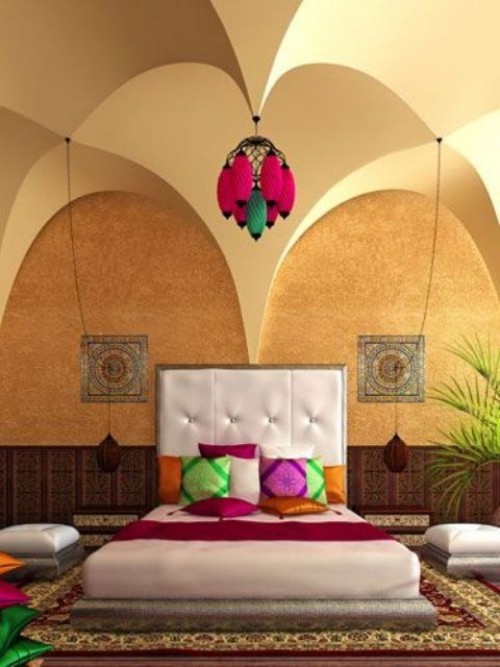 Marokkanisches Schlafzimmer Deckenwölbungen quadratisches Bett bunte Wurfkissen