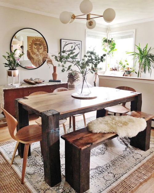 Boho chic in dining room wooden table chair 