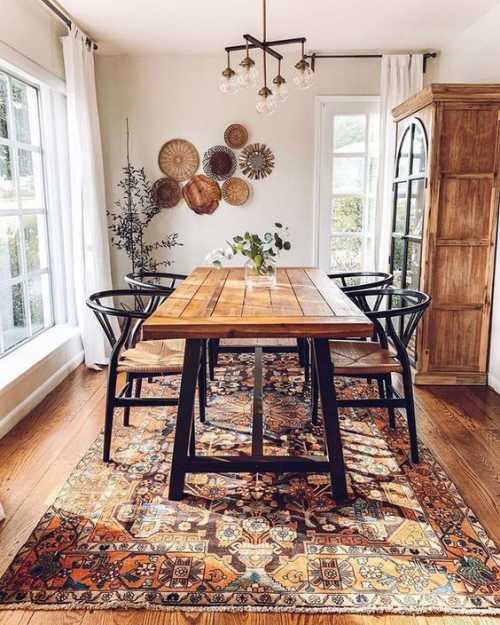 Boho chic in the dining room elegant chairs wooden table 