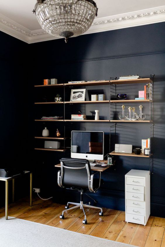 Home office colors Midnight blue on the wall PC simple bookcase