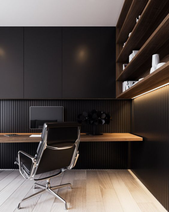 Farben fürs Heimbüro einfache aber stilvolle Einrichtung schwarz Holzfarbe eingebaute Beleuchtung