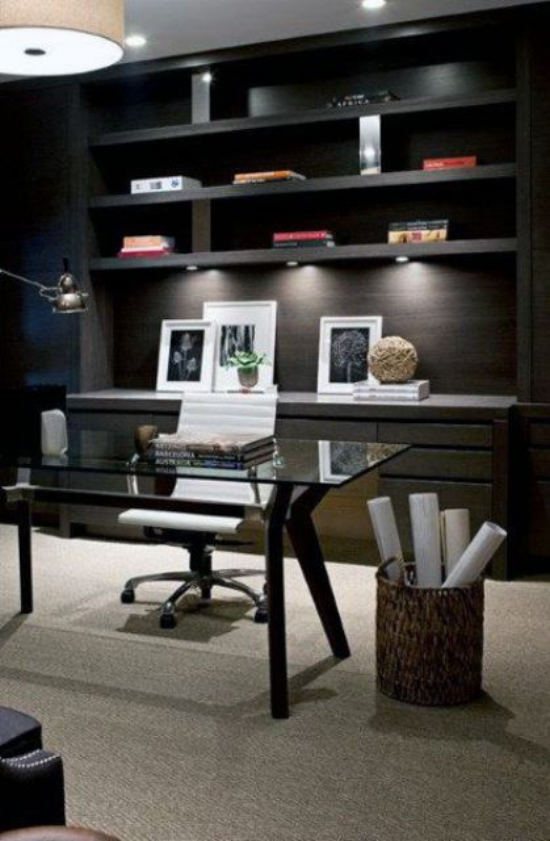 Farben fürs Heimbüro schwarze Büromöbel minimalistische Einrichtung gute Beleuchtung