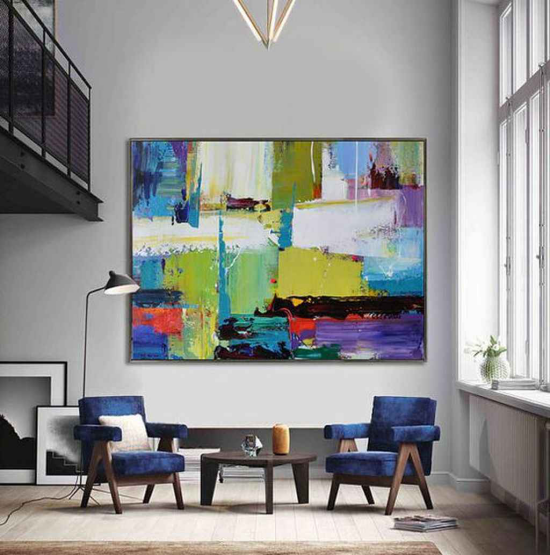 Ideen für modernen künstlerischen Wandschmuck abstrakte Malerei großes Bild grelle Farben im Wohnzimmer