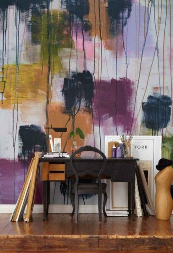 Ideen für modernen künstlerischen Wandschmuck abstrakte Wandgestaltung ber einem alten Schreibtisch grellen Farben