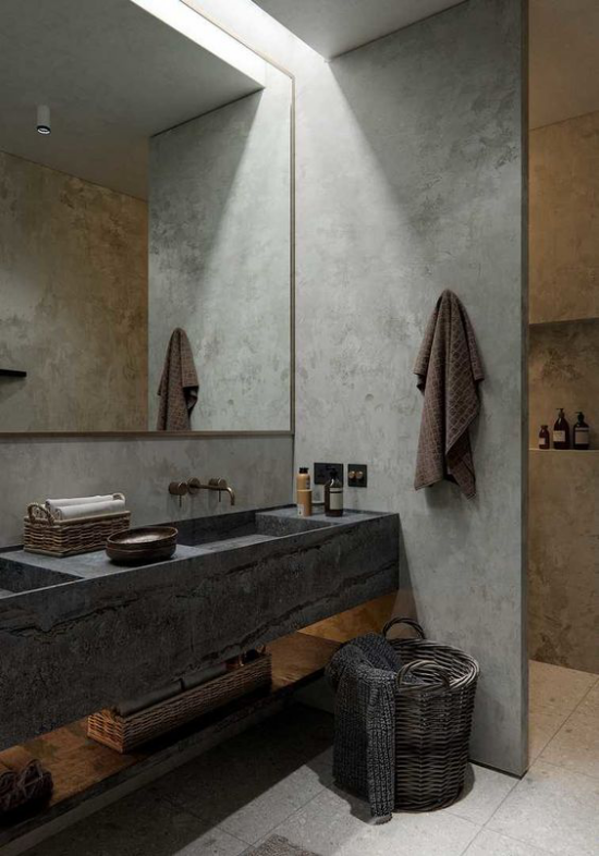 Wabi Sabi altes Konzept japanische Ästhetik im Bad keine grellen Farben alles aus Beton und Stein Flechtkörbe