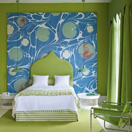 Schlafzimmer frühlingshaft dekorieren Grün und Blau kombinieren