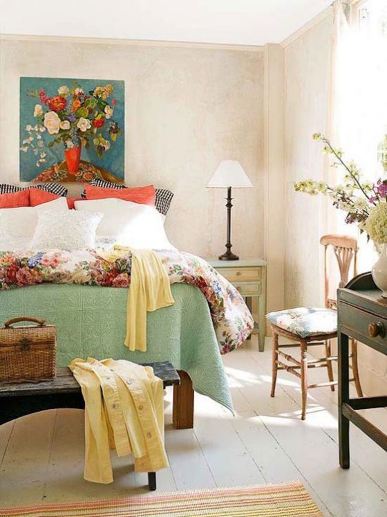 Schlafzimmer frühlingshaft dekorieren natürliche und künstliche Blumen fröhliche und einladende Atmosphäre schaffen