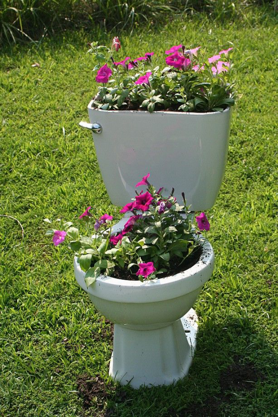 Upcycling Gartendeko neuer Trend alter WC Sitz als Blumenbehälter einsetzen weiß als Kontrast zu den bunten Farben der Blumen schöner Anblick