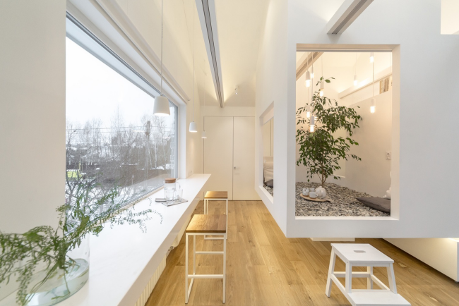 Modernes Homeoffice minimalistisches Raumdesign Glaswand Grünpflanze künstliches Licht Vase mit grünen Zweigen