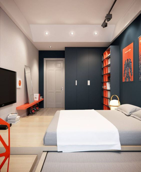 Modernes Teenagerzimmer elegante Schlafzimmereinrichtung Grau dominiert Akzente in Orange Spiegel an die Wand links angelehnt