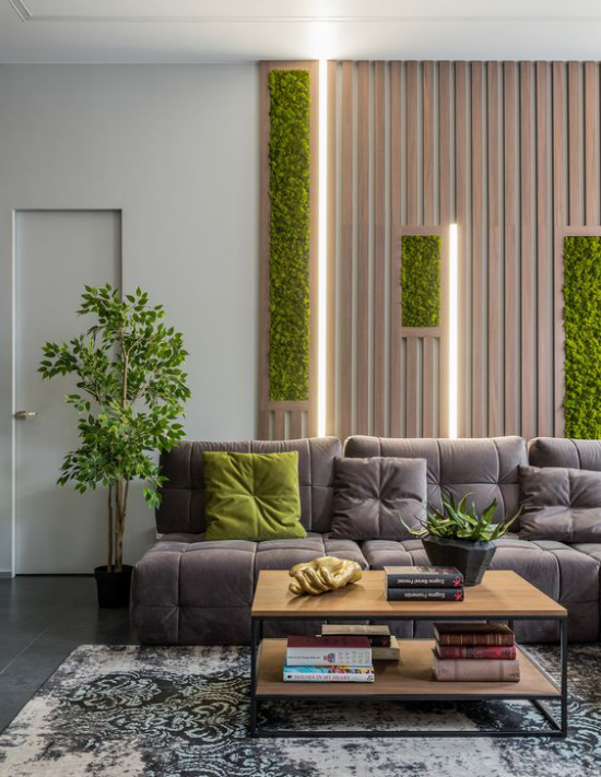 Biophilic im Interieur Wohnzimmer Wanddeko mit Naturmaterialien sehr stilvoll beruhigende Atmosphäre