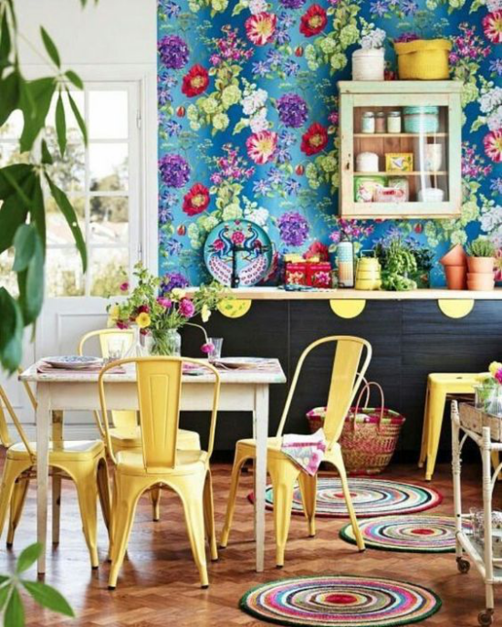Blumentapeten Küche plus Esszimmer bunte Wandtapete grüne Zimmerpflanzen