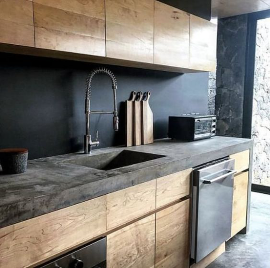 Küchenarbeitsplatten aus Beton Spüle Küchenschränke Fronten aus Holz simples Design