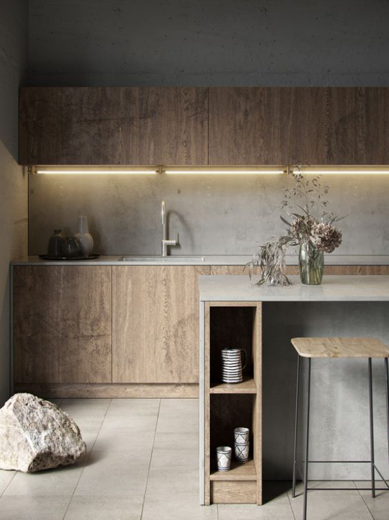 Küchenarbeitsplatten aus Beton minimalistisches Design einfach sauber Stein eingebaute Beleuchtung Küchenschränke