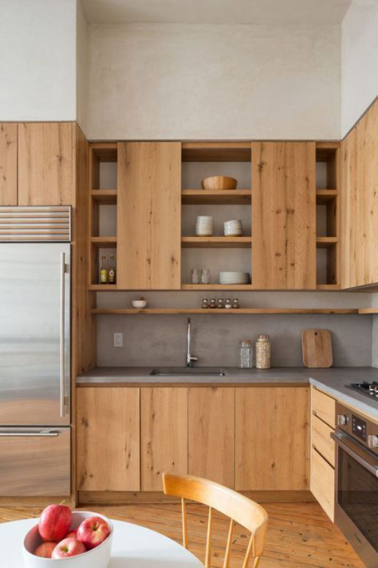 Küchenarbeitsplatten aus Beton schlichtes Raumdesign Kombination Beton Holz unschlagbares Duo