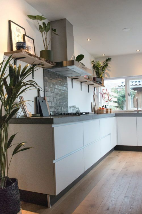 Küchenarbeitsplatten aus Beton schönes modernes Küchendesign Grau dominiert Frische grüne Zimmerpflanzen