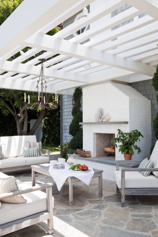 Outdoor Trends 2020 Wohnzimmer im Freien überdachte Veranda Sofas Sessel Kamin Tisch
