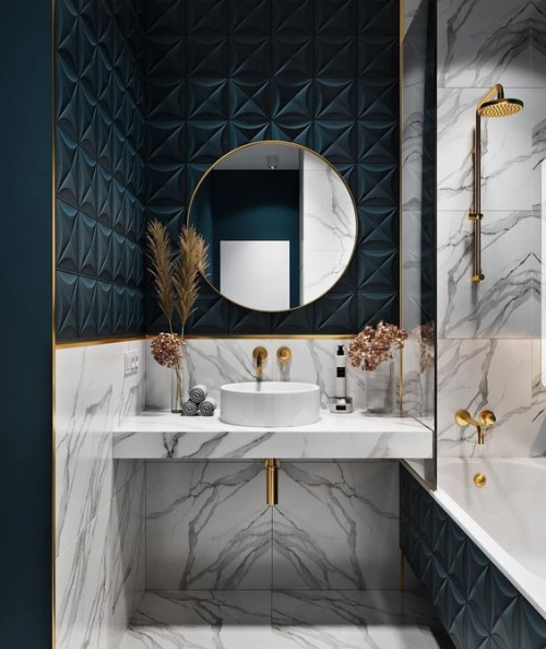 Marmor im Bad Kontraste schaffen Weiß Dunkelgrün runder Spiegel Waschbecken Badewanne rechts