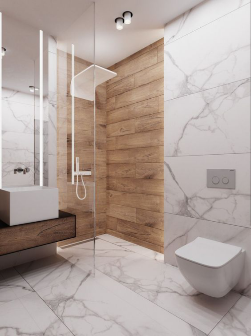 Marmor im Bad Marmorplatten in Hellgrau WC Waschtisch Glaswand Dusche Fliesen in Holzoptik gute Kombination