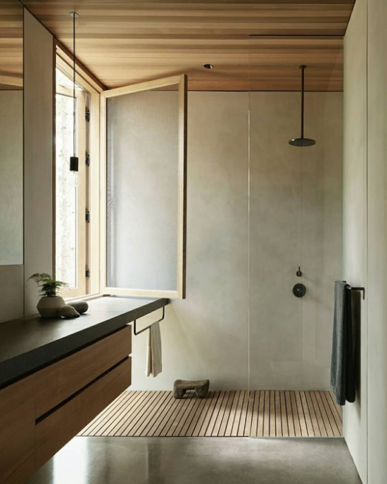 Moderne Badezimmer im minimalistischen Stil Holzoberfläche mit Betongrau kombiniert
