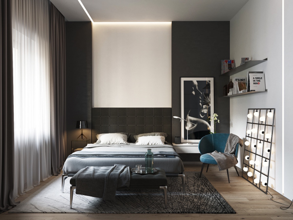 Schlafzimmer einrichten schwere blickdichte Vorhänge aus Stoff kombiniert mit weißen dünnen Gardinen richtiger Sichtschutz