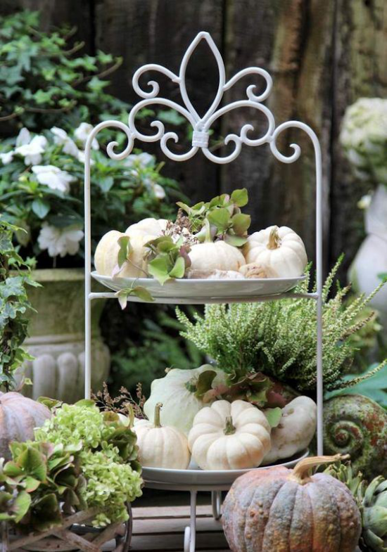 Kürbisse auf Ständer Herbstdeko schönes Arrangement für den Garten Ständer aus Metall in Weiß gestrichen
