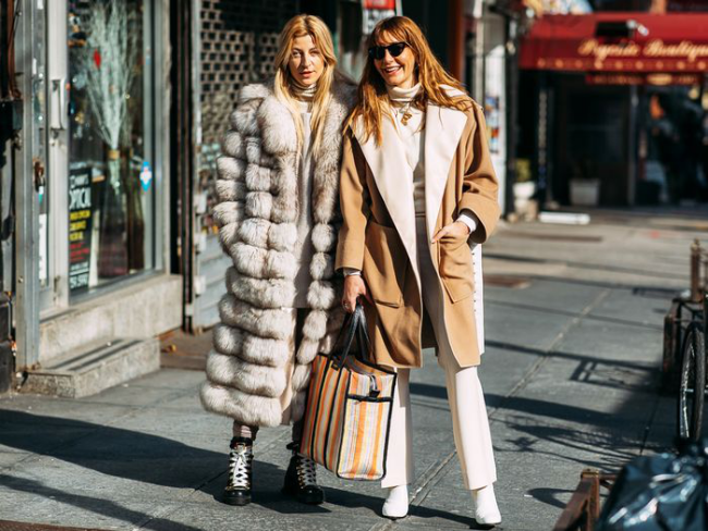 Online shoppen zwei eleganten Damen schicke warme Mäntel Pelzmantel