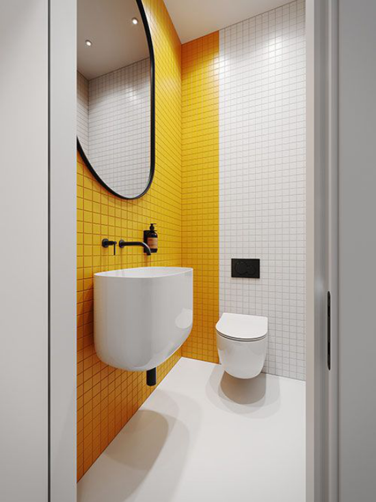 Gelbe Akzentwand im Interieur gelbe Fliesen ein Teil als Akzent im neutralen Bad