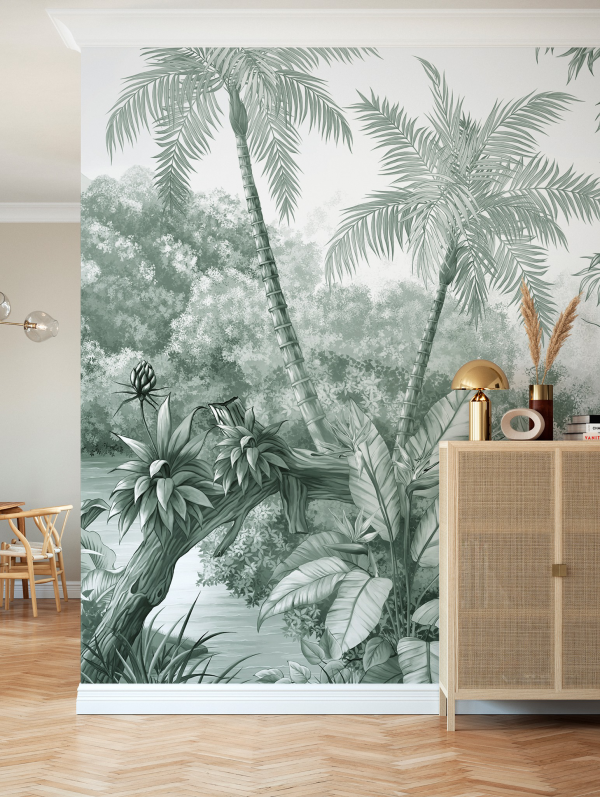 Kunstvolle Fototapeten in hellgrünen Nuancen tropische Blätter Palmen Blickfang im Wohnraum