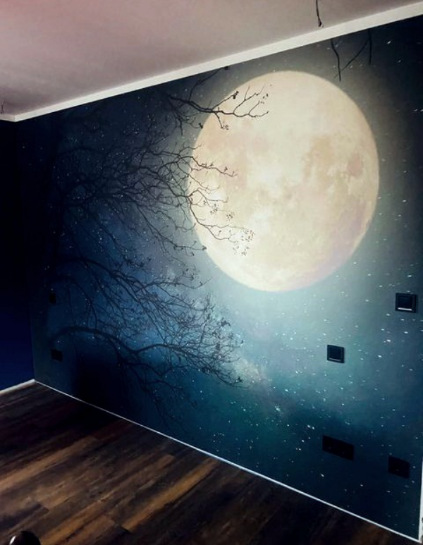 ausdrucksstarke Fototapeten Weltraum Akzentwand Mond bei Nacht romantische Wandgestaltung