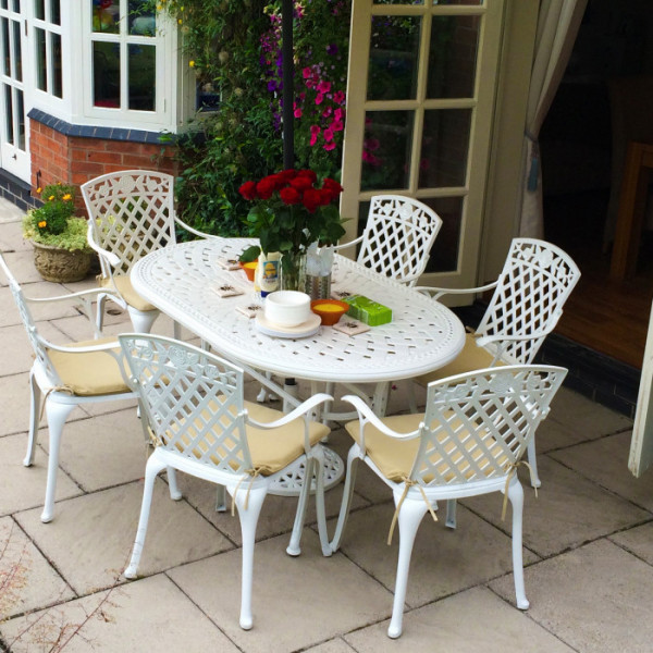 Gartentrends 2021 Gartenmöbel aus Aluminiumguss ovaler Tisch Stühle in Weiß schickes Design