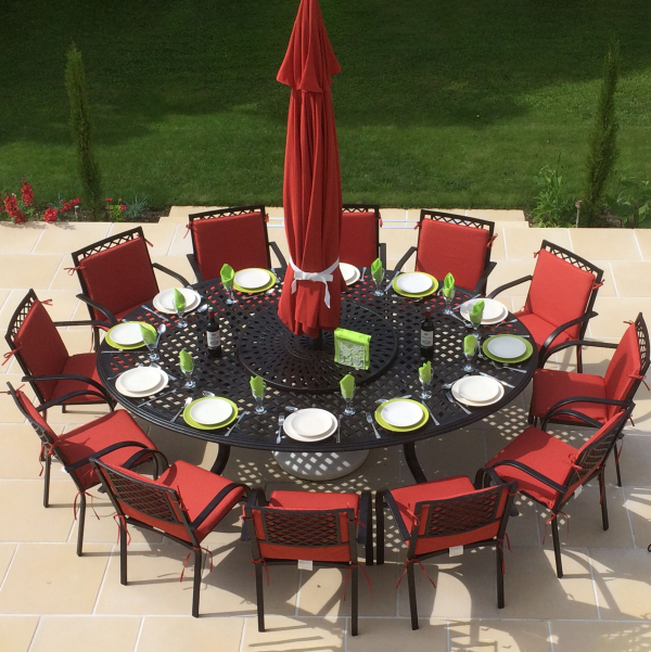Gartentrends 2021 Zeit mit Familie und Freunden im Garten verbringen Gartenmöbelset runder Tisch 12 Stühle rote Stuhlkissen
