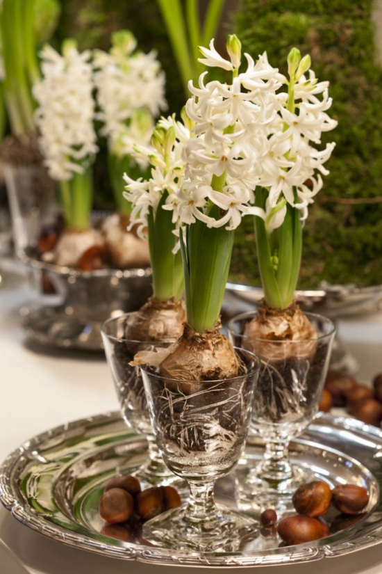 Hyazinthen weiße Blüten in eleganten Weingläsern auf silbernem Tablett tolle Tischdeko