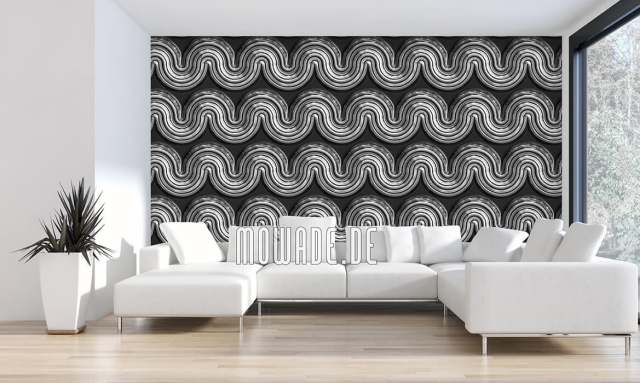 Design Tapeten wellenförmiges Muster in Grau auf schwarzem Hintergrund 